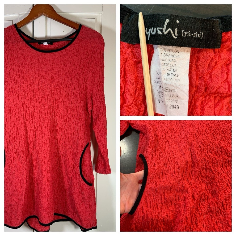 Yushi Tunic Womens Medium Red Lagenlook Art to Wear 3/4 Sleeve Black Buttons